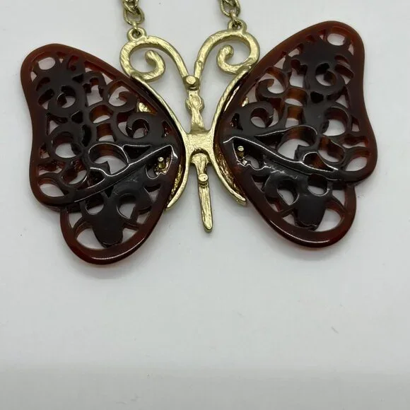 Vintage Anthropologie Butterfly Pendant Necklace Brown Filigree Wings Gold-Tone - Picture 10 of 15